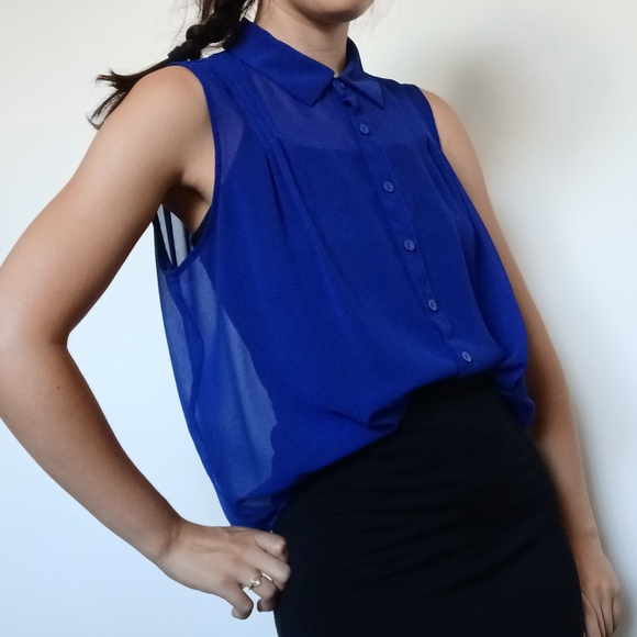 Royal Blue Sheer Sleeveless Blouse - Picture 3 of 11
